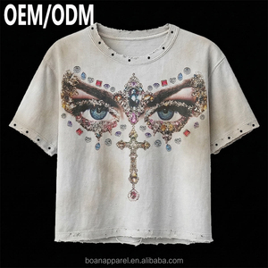 Camiseta OEM personalizada extragrande de corte holgado, estilo vintage, con hombros caídos, lavado ácido y estampado DTG con pedrería y efecto desgastado - Product Image 1