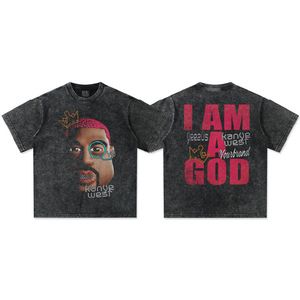 T-shirt graphique double face pour homme Kanye West I Am God, portrait de personnage de dessin animé, en soie/coton 300 GSM, col étroit, coupe oversize, style Hip Hop - Product Image 6