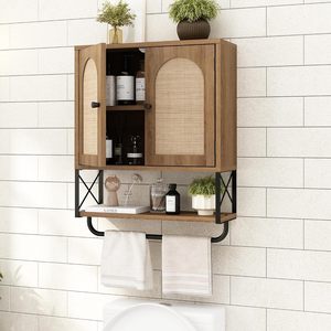 Chêne Petite armoire murale <span class=keywords><strong>de</strong></span> <span class=keywords><strong>salle</strong></span> <span class=keywords><strong>de</strong></span> <span class=keywords><strong>bain</strong></span> Style armoire étagères réglables porte-serviettes arqué rotin <span class=keywords><strong>salle</strong></span> <span class=keywords><strong>de</strong></span> <span class=keywords><strong>bain</strong></span> - Product Image 3