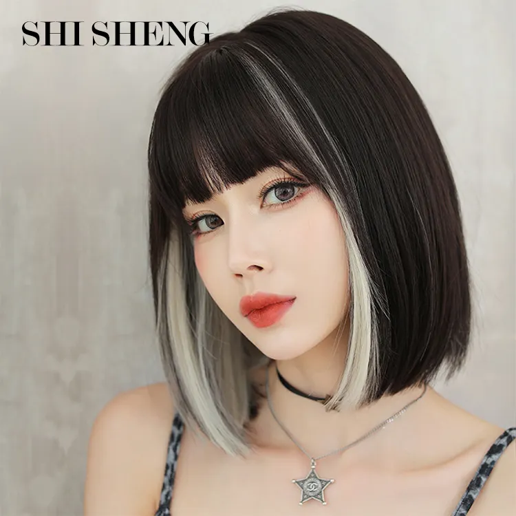 SHISHENG韓国風高品質14インチショートボブブラックベージュオンブルツートーン合成ウィッグ女性用前髪付き