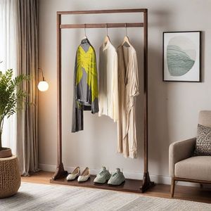 Walnut Wood Floor Standing Clothes Rack Solid Wood Coat Rack For Living Room And <b>Bedroom</b> Simple Home Use With Shoe <b>Shelf</b> - Product Image 3