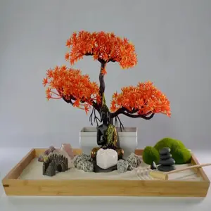 Meditasyon-ofis dekorasyon için Bonsai ile kiti Mini Zen bahçe beyaz kum ve köprü ve buda ile mini bahçe zen plato