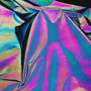 new 100% polyester wrinkle resistant holographic rainbow colored reflective fabric with black mesh for fashion windproof jacket