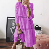 Robe midi ample décontractée pour femme avec broderie anglaise et dentelle, manches 3/4, style bohème, tenue de vacances d'été 2026