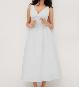 Elegante Abito <span class=keywords><strong>Midi</strong></span> <span class=keywords><strong>Bianco</strong></span> in Stile Francese, <span class=keywords><strong>Vestito</strong></span> da Donna con Scollo a V, Allacciatura Frontale, Bottoni, Vita Arricciata, Linea ad A, per Matrimoni e Feste - Product Image 2