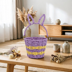 Cesta de flores tejida a mano con orejas de conejo, rayas moradas y amarillas, forma redonda, para floristería, decoración de bodas, cestas de almacenamiento - Product Image 1