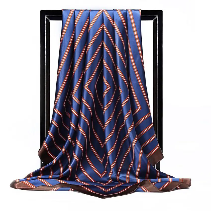 Foulard en soie sergé pour femmes, grande écharpe carrée, bandeau Hijab, imprimé de luxe, nouvelle collection, couleurs, rayé, 90x90cm,