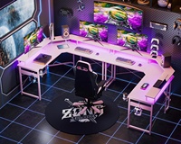 Ordinateur de bureau rose, grand bureau d'ordinateur en forme de L, bureau de jeu rose avec LED RVB