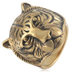 yunnique Tiger Head <b>Ring</b> Men's <b>Titanium</b> Steel Gold Color Animal Zodiac Jewelry Gift - Product Image 3