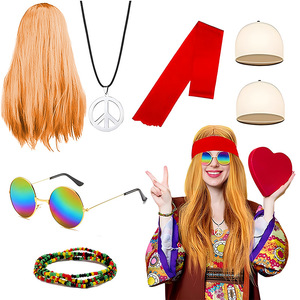 Ensemble de <span class=keywords><strong>perruque</strong></span> hippie des années <span class=keywords><strong>70</strong></span>, <span class=keywords><strong>perruque</strong></span>, collier signe de la paix, lunettes de soleil, bracelet, filet à cheveux, bandeau tie-dye, métal semi-fait main - Product Image 1