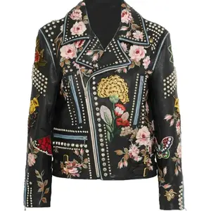 fancy Chic Street Style Floral Print Studding Rivets Biker crop Jacket With Embroidery Patches For Women