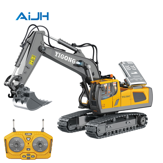 AiJH Wholesale 11 Channels RC Excavator 2.4G Construction Vehicle Remote Control Engineering Alloy RC Excavator Toys