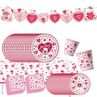 Ensemble de fournitures pour fête de la Saint-Valentin, thème ours en peluche rouge et rose, vaisselle jetable, assiettes en papier, gobelets, serviettes, décorations