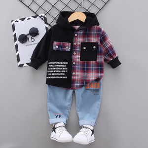Ensemble de tenue de printemps pour garçons - Chemise à manches longues à <span class=keywords><strong>capuche</strong></span> en patchwork à carreaux + pantalon, vêtements décontractés pour enfants - Product Image 2