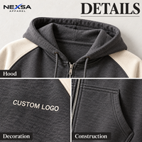 Sweat à capuche zippé intégral raglan color block gris foncé avec motif graphique lettres crème, en coton, décontracté, personnalisé OEM, vente en gros, fabricant