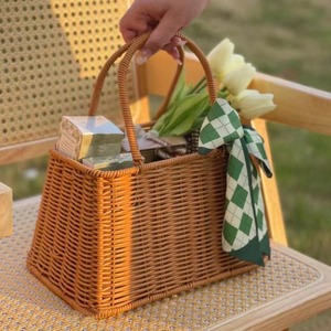 Cesta de pícnic de mimbre tejida hecha a mano con asa bolsas de cesta de flores de ratán de plástico para damas bolsa de compras - Product Image 3