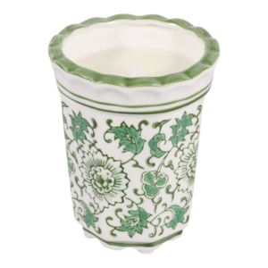 Portacandele in Ceramica con Bordo Ondulato, Motivo Floreale Verde, Decorativo per Interni ed Esterni - Product Image 4
