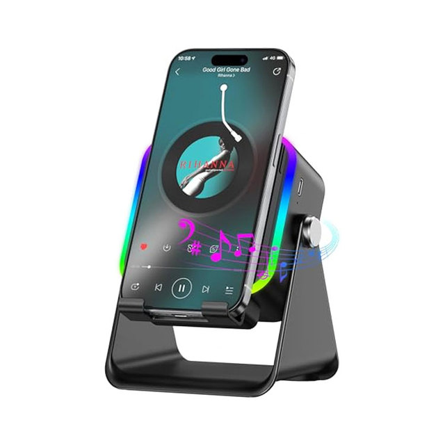 5-in-1 Wireless Induction Speaker with RGB Ambient Light and 360 Degree Phone Stand - Portable Speaker for iPhone Android