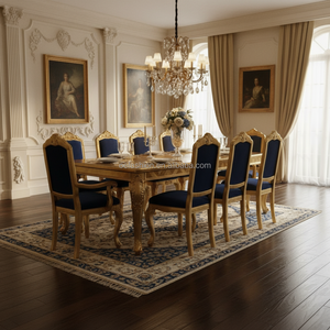 Ensemble de table à manger de luxe OE-FASHION de style baroque français, feuille d'or, bois massif, 8 places, chaises en velours bleu <span class=keywords><strong>royal</strong></span> pour villa, palais - Product Image 4