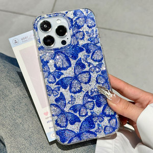 Coque pour iPhone 17 Pro Max, motif papillon bleu avec paillettes en résine, protection intégrale antichoc - Product Image 1