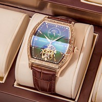 Montre mécanique Glen neuve, cadran à phases lunaires en alliage, aiguilles lumineuses, résistance à l'eau 30M, bracelet en cuir véritable, style business pour homme