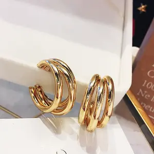 Vershal A4-673 18k Gold Plated Korean Style Vintage Exaggerated Triple C-shaped Circle Hoop Earrings