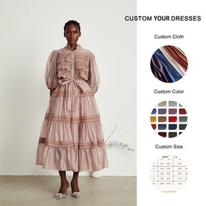 Maxi vestido con mangas abullonadas detalladas de encaje bordado elegante personalizable tela de gasa de estilo dulce para ocasiones formales - Product Image 1