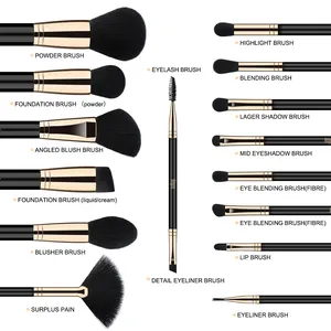 Feiyan Hoge Kwaliteit Make-Up Borstel Set 15 Stuk Premium Synthetische Kabuki Custom Logo Zwart En Goud Cosmetische Make-Up Borstels Set