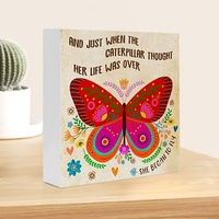 Panneau décoratif de table en PVC imprimé UV, motif papillon totem, citation inspirante « Break Cocoon Become », ornement de bureau pour la maison et le bureau