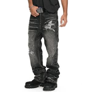 Pantalones Vaqueros de Mezclilla Pesada de Alta Calidad con Logotipo Personalizado, Lavado Desgastado, Estilo Desgastado y Roto Irregular para Hombre, Venta al por Mayor - Product Image 1