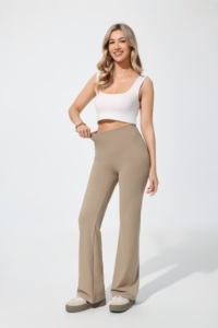 High Waist Flared Leg Yoga Pants Solid Color Full Length Seamless Elastic Waist <b>Stretchy</b> <b>Fabric</b> - Product Image 2