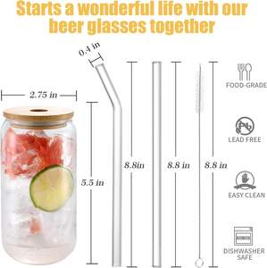 Vasos de Vidrio con Tapas de Bambú y Pajitas, 16 Oz, 18 Oz, 20 Oz, Vasos para Beber Cerveza con Forma de Lata, para Café Helado - Product Image 2