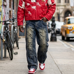 Pantalon en jean vintage oversize pour homme, matelassé losanges, coupe large, taille mi-haute, style hip-hop, streetwear hiver, décontracté, coupe ample, direct usine - Product Image 2