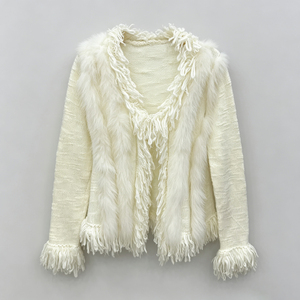 Cardigan en tricot à franges en fourrure de renard véritable de luxe pour femmes Tyan, col en V, manches longues, pull en tricot moelleux, manteau d'automne et d'hiver - Product Image 2