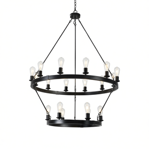 Lámpara de Techo Circular de Hierro Negro de 2 Niveles, Estilo Retro, Bombillas E26, para Sala de Estar - Product Image 1