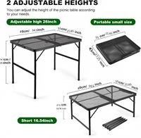Table pliante portable avec cadre en aluminium, réglable en hauteur, avec surface en maille pour barbecue, pique-nique, camping