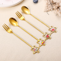 Ensemble de couverts dorés festifs 6 pièces, cuillère et fourchette à motif étoile de Noël, breloques émaillées renne, bonhomme de neige, Père Noël, sapin, coffret cadeau, ensemble de table de fêtes