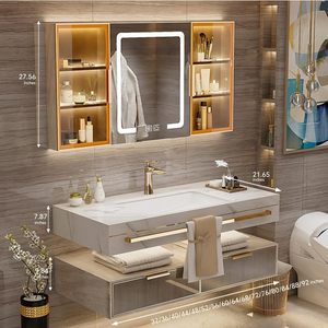 Mobile <span class=keywords><strong>Bagno</strong></span> Sospeso di Lusso Europeo 2026, con Specchio LED e Lavabo in Ceramica, per Appartamenti in Vendita - Product Image 2