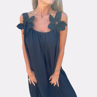 Robe longue décontractée noire bohème pour femme, été 2026, avec bretelles à fleurs 3D, coupe ample sans manches, pour vacances à la plage, OEM ODM MOQ 50 pièces