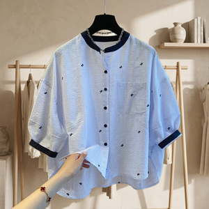 เสื้อเชิ้ตผ้าฝ้ายทรงหลวมสำหรับผู้หญิงพร้อมปกแมนดารินแขนสามส่วนลายจุดลำลองสำหรับฤดูใบไม้ผลิและฤดูร้อน - Product Image 4