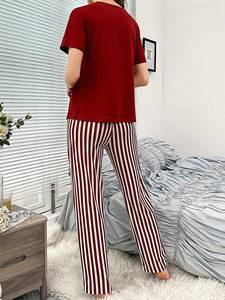 Stripe Pattern <strong>Cute</strong> Summer Pajamas <strong>Set</strong> Women Loungewear Pajamas Short Sleeve Tops With Long Trousers Ladies <strong>Pj</strong> <strong>Set</strong> - Product Image 2