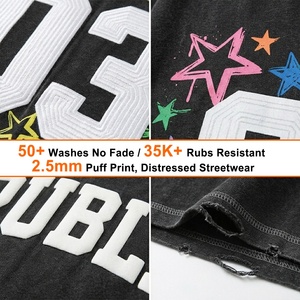 High Quality Custom Contrast Stitch Acid <b>Wash</b> Puff Print Men's T Shirt Flat Embroidery Hand Drawn Print Distressed Loose T-shirt - Product Image 2