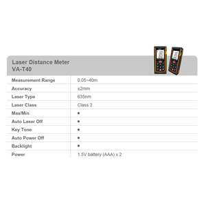 Medidor de Distancia Láser Digital VA-T40, Medidor Láser de Distancia, Área, Volumen, Pitagórico, 40M, Nivel de Burbuja, Mm/in/Ft, Pantalla LCD Retroiluminada - Product Image 2