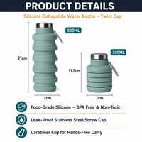 Bouteille d'eau pliable en silicone avec logo personnalisé, sans BPA, de qualité alimentaire, pliable, portable, anti-fuite, pour les voyages en plein air, les sports, OEM ODM