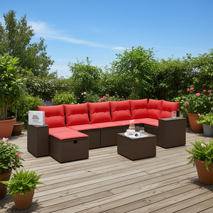 Set di divani da giardino in polyrattan marrone da 8 pezzi con cuscini, mobili da esterno - Product Image 2
