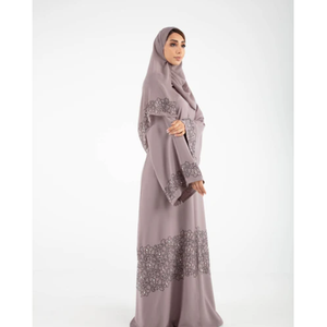 LEDUO Elegant Modest Dubai-Style Embroidered <b>Satin</b> Custom Design Abaya with Pearls & <b>Hijab</b> for Everyday Wear - Product Image 3