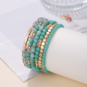 European American Style <b>Crystal</b> <b>Beaded</b> <b>Bracelet</b> Set 6-Piece Fashion Colorful Elastic Bangle Unisex Gift Jewelry - Product Image 2