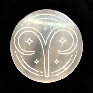 Beautiful Zodiac Aries Engraved <b>White</b> 8-9 cm Selenite Charging Plate Circle Round Shape Made of Crystal Muntaha Agate - Product Image 1