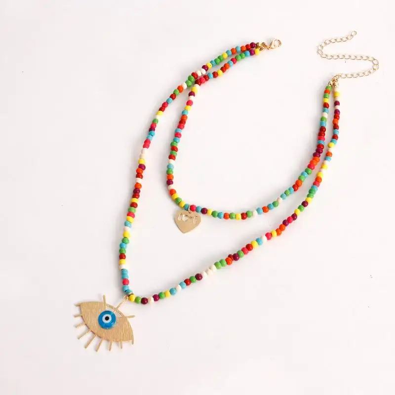 Personalized women's jewelry Colored turquoise necklace Handmade beaded Devil's Eye Pendant Multi-level Bohemian Choker