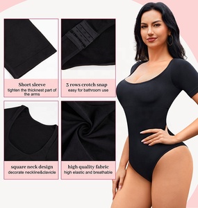 Bodysuit <span class=keywords><strong>Lengan</strong></span> <span class=keywords><strong>Pendek</strong></span> Kerah Kotak Pelangsing untuk Wanita Pengontrol Perut Shapewear Tanpa Jahitan - Product Image 5